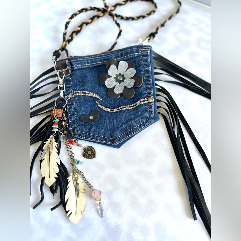 Leather Fringe and flower, Upcycling Denim Crossbody bag